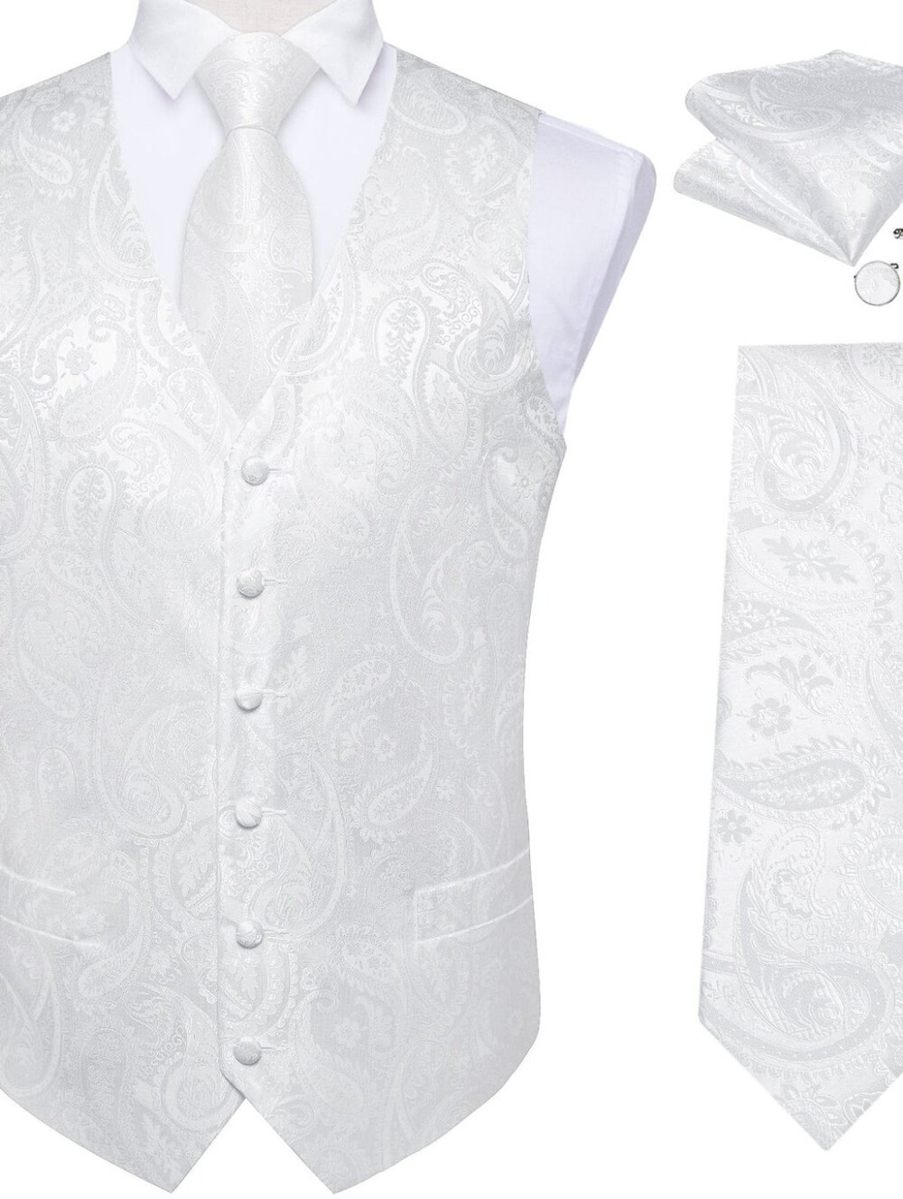 Men's White Paisley Silk Vest Tie Cufflinks 4Pc Set XL/44R